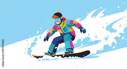 Skillful young snowboarder in colorful winter gear gliding down a snowy mountain slope with a trail of snow behind him.