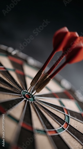 Close up of dartboard with three red darts clustered in bullseye shallow depth of field emphasizing precision accuracy and success concept