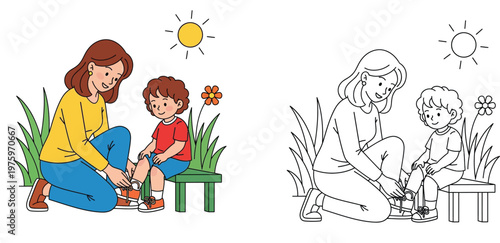 Loving mother tying her little son's shoelaces outdoors, colored vector illustration and black and white coloring page line art.