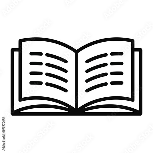 Simple line drawing of an open book with black lines representing text on white pages, symbolizing reading, education, knowledge, and literature.