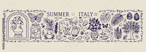 Summer Italy travel doodle kit, Mediterranean coastal lifestyle sketches, Italian food and drink icons, seaside holiday vacation graphics, hand drawn European travel elements, rustic Italy summer aest