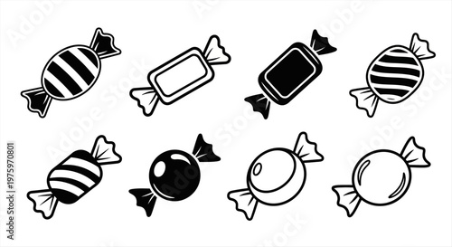 Collection of different candies in wrapper and unwrapped illustrated in black and white
