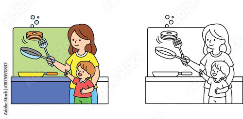 Happy mother flipping pancakes with little son in the kitchen, colored vector illustration and black and white coloring page line art for kids.