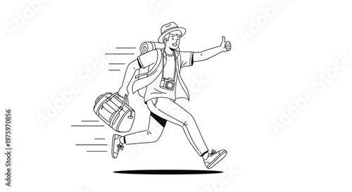 Enthusiastic young male traveler running with a large backpack and duffel bag while giving a thumbs up sign in a line drawing.