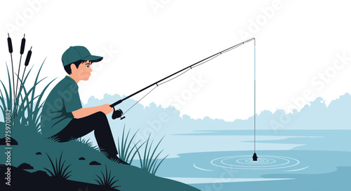 Young boy sitting peacefully on a grassy riverbank while holding a fishing rod and waiting for a catch in a serene landscape.