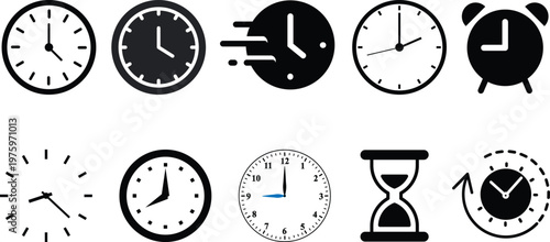 Vector Time and Clock icons set.Clocks icon collection design. Horizontal set of analog clock icon symbol .Circle arrow icon.Vector illustration.horizontal set of analog alarm clock icon notifying