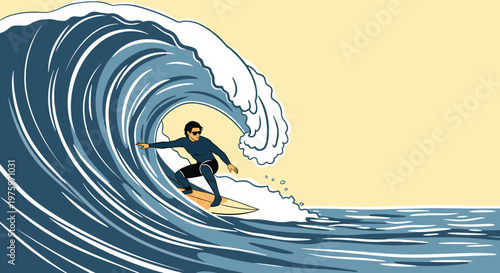 Professional surfer in a dark wetsuit riding through the tube of a massive blue ocean wave under a clear yellow sky at sunset.