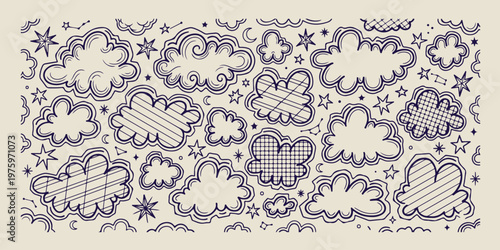 abstract cloud and bubble doodles, hand drawn whimsical line art, aesthetic sky element sketches, creative abstract pattern drawings, minimal cloud icon set, scrapbook whimsical doodle set, artistic c