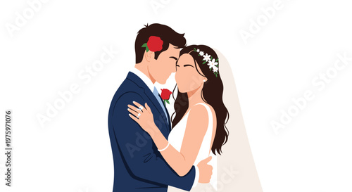 Romantic faceless portrait of a newlywed bride and groom embracing closely in their elegant wedding attire with red roses.