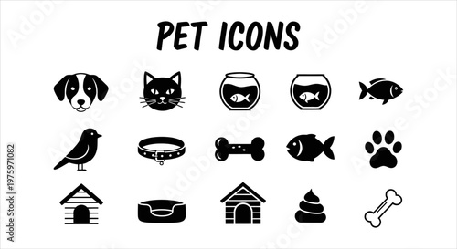 Collection of various pet icons including dogs, cats, birds, fish, and accessories