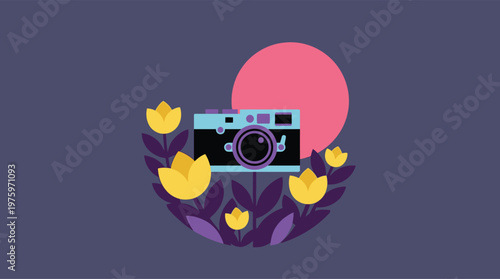 Graphic design with camera and flowers.