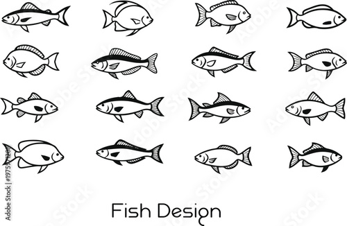 A collection of black vector fish silhouettes and sea animal icons featuring sharks and underwater nature elements in a decorative illustration set