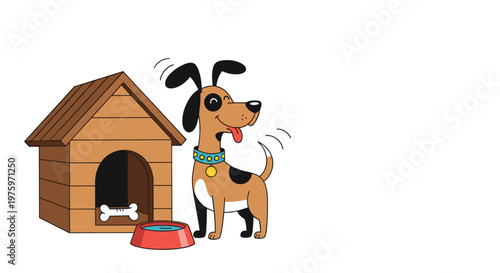 Happy cartoon dog wagging its tail next to a wooden doghouse with a bowl of water and a bone in a bright illustration.