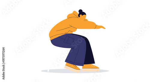 Vector illustration of a person crouching, dynamic pose, yellow hoodie, blue jeans, athletic stance, action icon