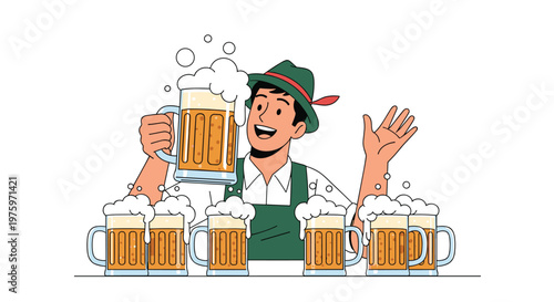 Joyful man in traditional Bavarian attire celebrating with numerous large frothy mugs of beer during a festival event.