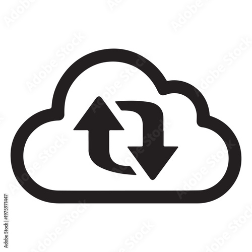 Simple black and white cloud icon with two arrows indicating data transfer isolated on transparent background