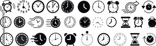Vector Time and Clock icons set.Clocks icon collection design. Horizontal set of analog clock icon symbol .Circle arrow icon.Vector illustration.horizontal set of analog alarm clock icon notifying