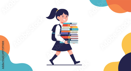 Young schoolgirl with a ponytail wearing a backpack and walking while carrying a tall heavy stack of colorful textbooks.