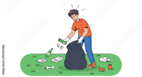 Responsible young man wearing gloves and a red shirt while picking up litter from a grassy park into a large black trash bag.