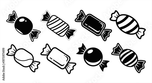 Assortment of individually wrapped candies in various shapes and patterns, black and white