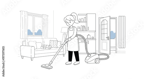 Young girl doing household chores by using a vacuum cleaner to tidy up a modern living room in a simple line drawing.
