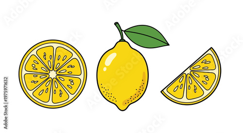Vibrant yellow lemon illustrations set whole fruit, slice, and wedge designs for fresh citrus concepts