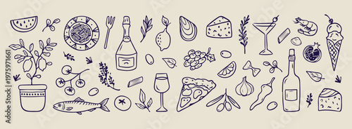 gourmet seafood and wine sketches, hand drawn restaurant menu doodles, aesthetic culinary line art, creative seafood platter drawings, minimal wine and cheese icons, scrapbook food travel elements, go