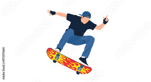 Skillful skateboarder in mid-air performing a jump trick with a flaming pattern skateboard against a white background.