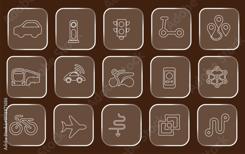 Collection of vintage icons depicting various vehicles and transportation symbols