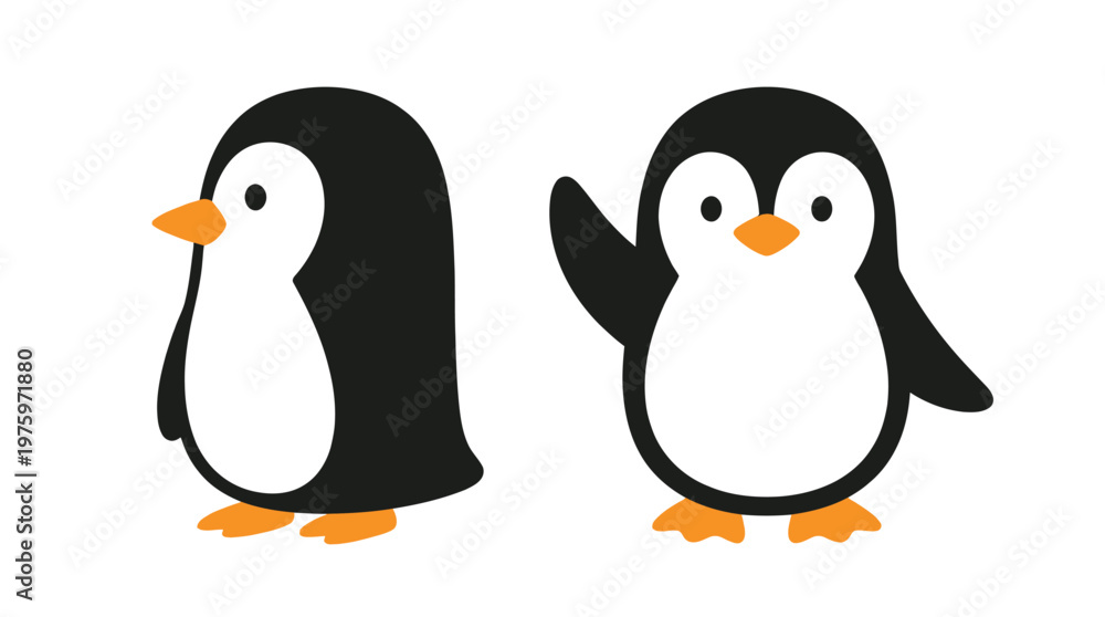 Fototapeta premium Two cute cartoon penguins standing side by side.