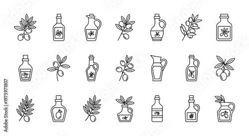 Collection of Outline Icons Representing Olive Oil Bottles, Jars, and Branches for Healthy Cuisine