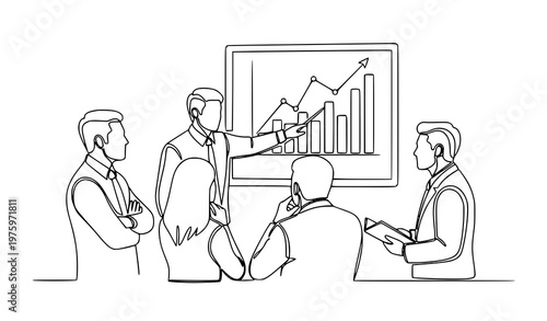 Continuous line business presentation teamwork illustration office people briefing line art vector