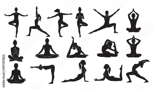 Set of silhouette women in yoga pose vector illustration