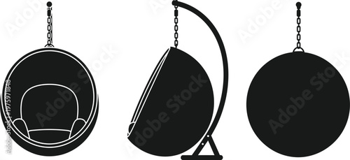 Front, side, top view of suspended cocoon chair, hanging chair, modern furniture, rounded seat, support chain, minimalist urban interior, vector silhouette