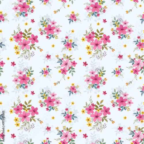 A colorful spring floral illustration featuring a seamless vector pattern of pink flowers and nature elements for a vintage wallpaper design backdrop