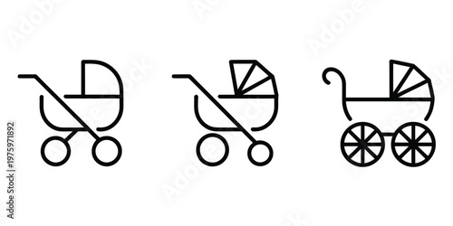 Baby stroller icon set in simple line art, black outlines on white, depicting prams, infant transport, childcare, and parenting essentials.
