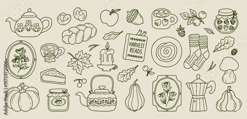 cozy autumn harvest sketches, hand drawn fall season doodles, aesthetic harvest festival line art, creative autumn food drawings, minimal seasonal nature icons, scrapbook autumn element set, cozy fall