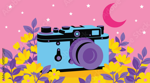 A blue camera surrounded by flowers and stars.