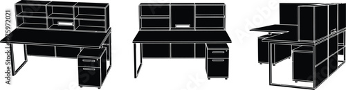 Minimalist modular office desk vector icon top front side view storage compartments connecting panels black silhouette clean outline white background architectural furniture design