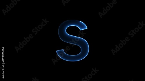 Glowing neon letter 'S' symbol, a shiny light font illustration on a black background English alphabet education type word writing letter text effect smooth footage sign symbol with black background