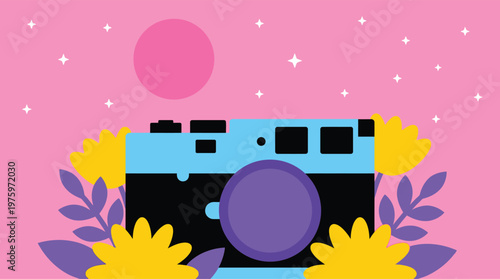 Colorful illustration of a camera surrounded by flowers and stars.