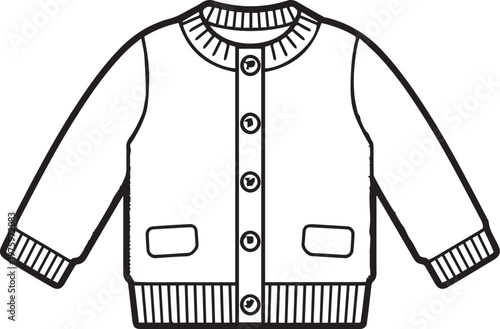 A simple outline of a classic cardigan sweater, illustrated in black lines on a plain background, providing a clean and versatile design element.
