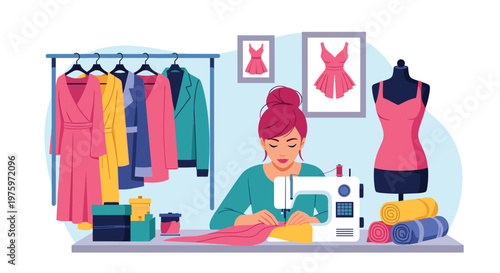 Creative female fashion designer working at a sewing machine in a colorful workshop filled with dresses and fabrics.