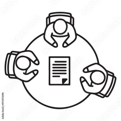 Top view of three people in a meeting around a round table with document