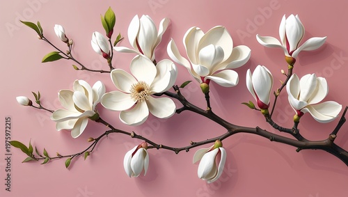 Cream white magnolia branch on a pastel pink background in a clean decorative and smooth digital art style simple illustration