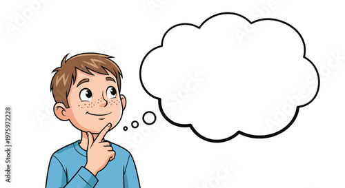 Smiling young boy with freckles touching his chin while thinking about something, shown with a large empty thought bubble.
