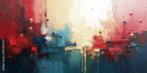 Abstract colorful halftone oil painting on textured canvas. Hand-drawn brush strokes, oil painting background.