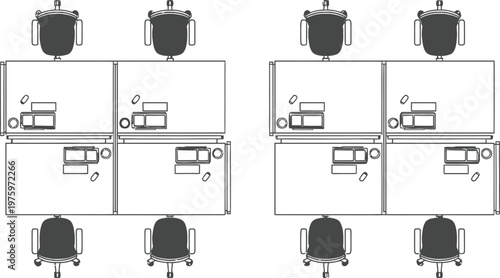 Top-view workspace planning vector icons, compact desks, swivel chairs, PC units, divider panels, technical drawing style, CAD layout, office interior, minimalist, commercial-ready