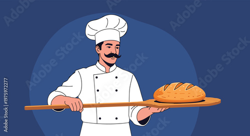 Professional baker with a moustache and tall white hat proudly presenting a fresh loaf of bread on a wooden oven peel.