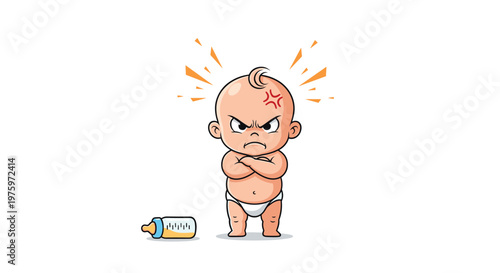 Funny cartoon illustration of an angry infant in a diaper standing with crossed arms next to a dropped baby bottle.